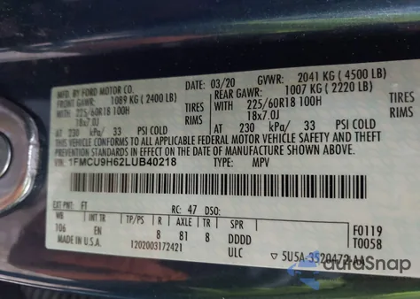 2020 Ford Escape Sel z USA, uszkodzony, nr VIN 1FMCU9H62LUB40218